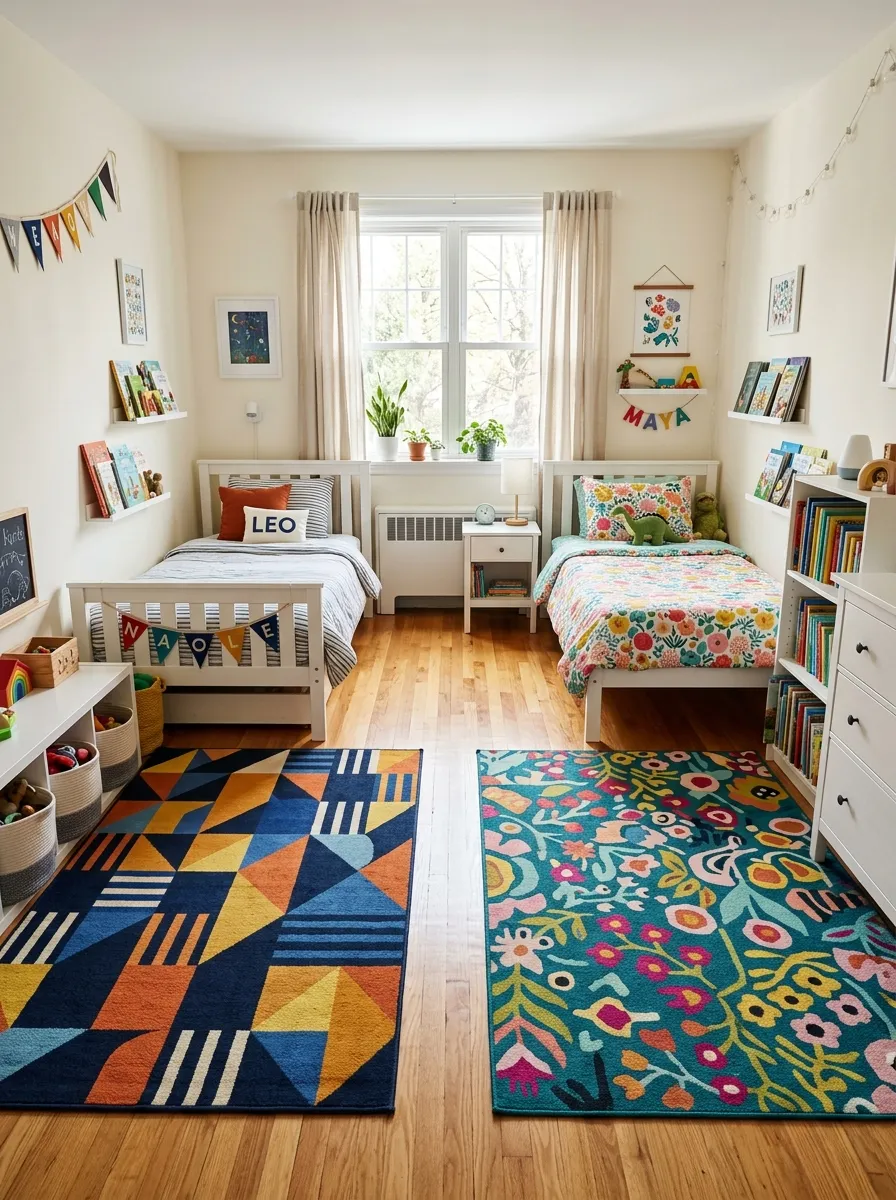 Bright shared kids bedroom with two coordinating patterned area rugs defining separate floor zones beside neatly made beds, clean organized layout, beautifully arranged furniture, bright natural light streaming in, real-life photography style, vibrant rug colors.