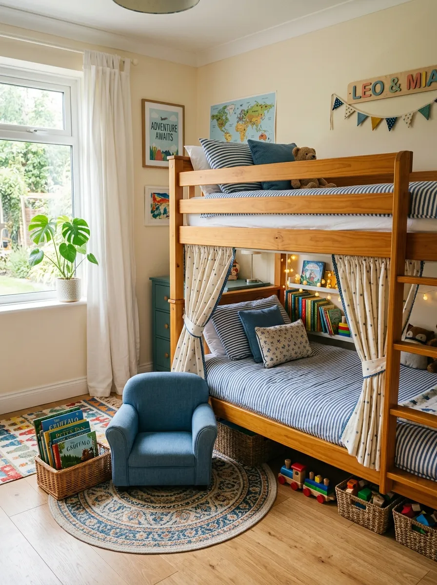 Cozy shared kids bedroom featuring neatly made wooden bunk beds with matching striped bedding, soft curtains hanging around the bottom bunk, bright natural light from a nearby window, organized reading nook below with a small rug and books, clean and beautifully arranged, real-life photography, vibrant color palette.