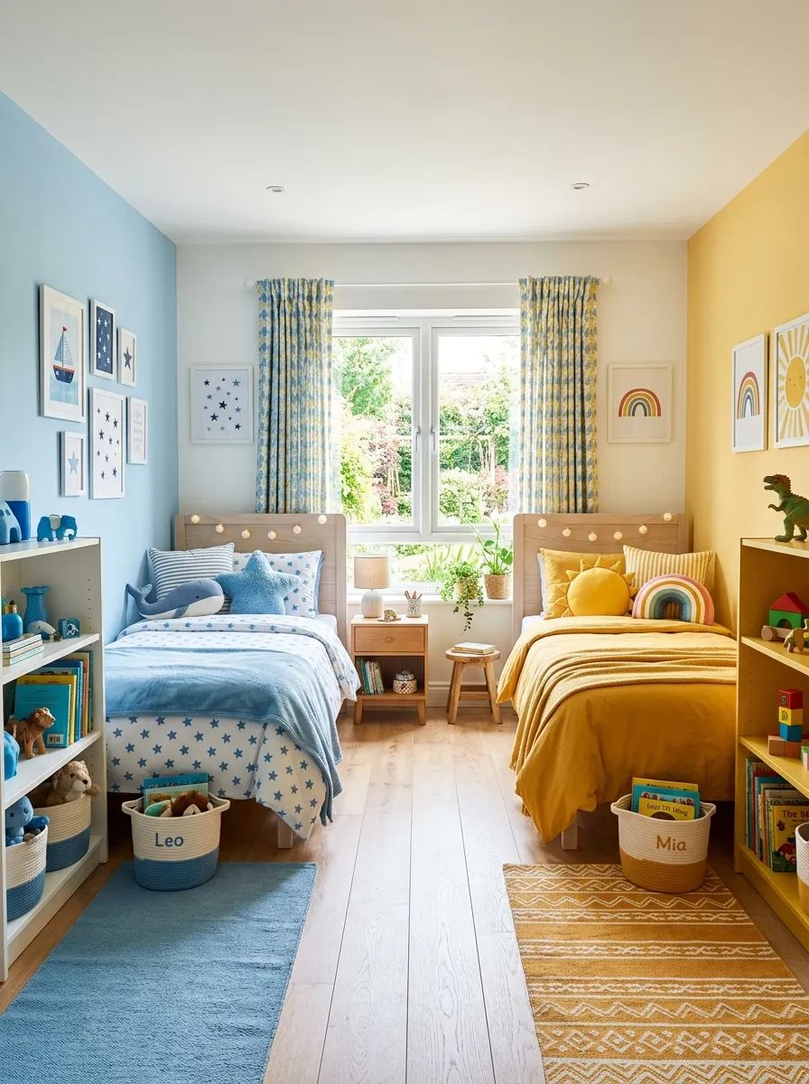 Bright shared kids bedroom split into two color-coded zones, one side with soft blue bedding and decor, the other with warm yellow accents, neatly made beds, beautifully arranged pillows and rugs, clean organized layout, bright natural light, real-life photography style, vibrant saturated colors.
