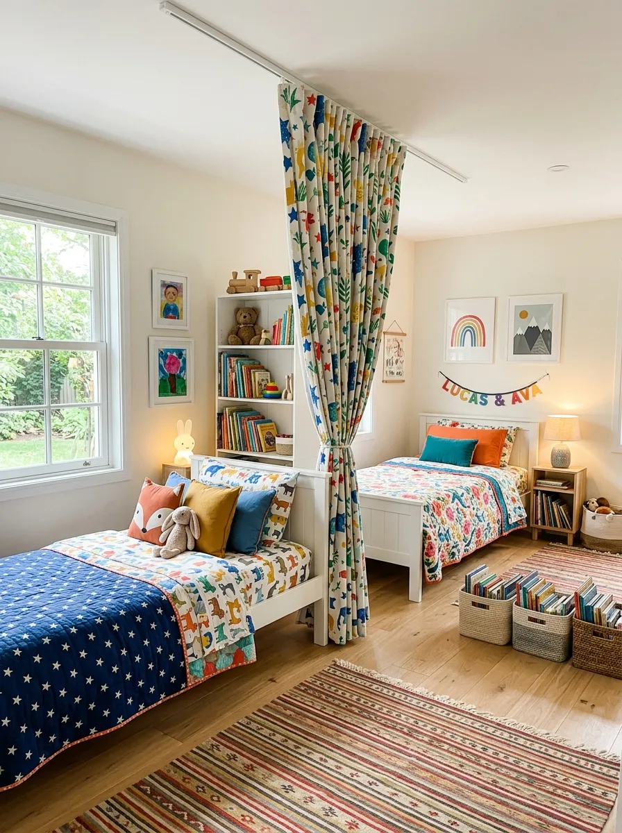 Bright shared kids bedroom with a soft patterned curtain divider hanging from a ceiling track, partially open between two neatly made beds, bright natural light streaming in, clean and organized layout, beautifully arranged bedding on both sides, real-life photography style, vibrant fabric colors.