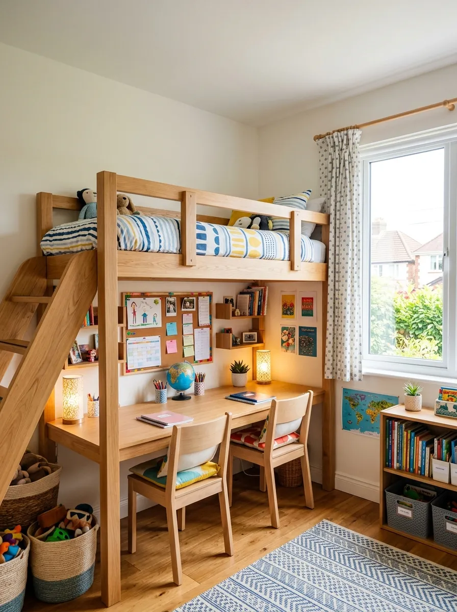 Organized shared kids bedroom with a wooden loft bed neatly made above, a clean study desk underneath with two matching chairs, small lamps and a corkboard with tidy papers, bright natural light through a window, beautifully arranged, real-life photography style, vibrant fresh tones.
