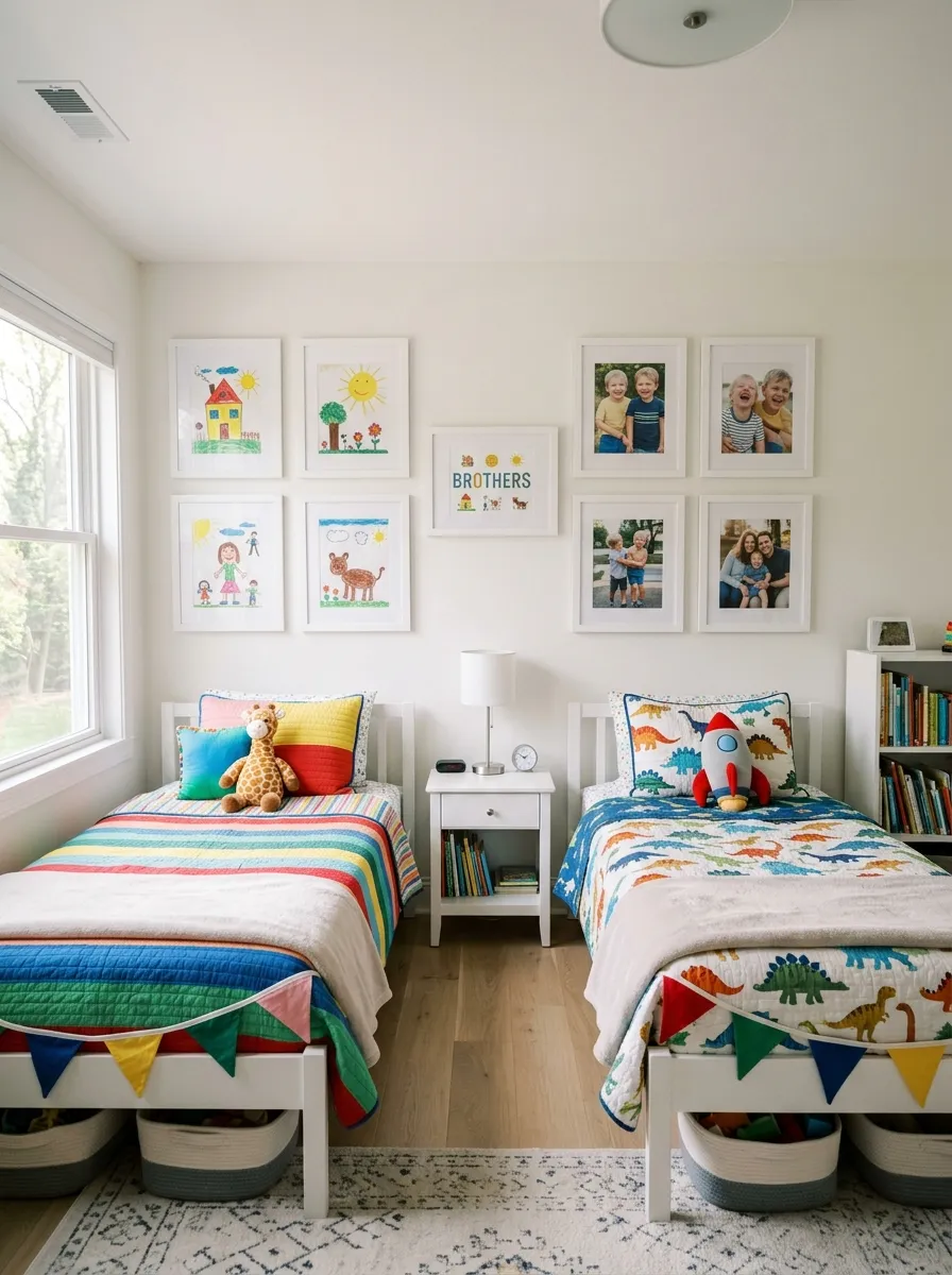 Bright shared kids bedroom with a symmetrical gallery wall of matching frames above two neatly made beds, one side showing colorful children's drawings, the other bright photos, clean organized layout, bright natural light, beautifully arranged, real-life photography style, vibrant colors.