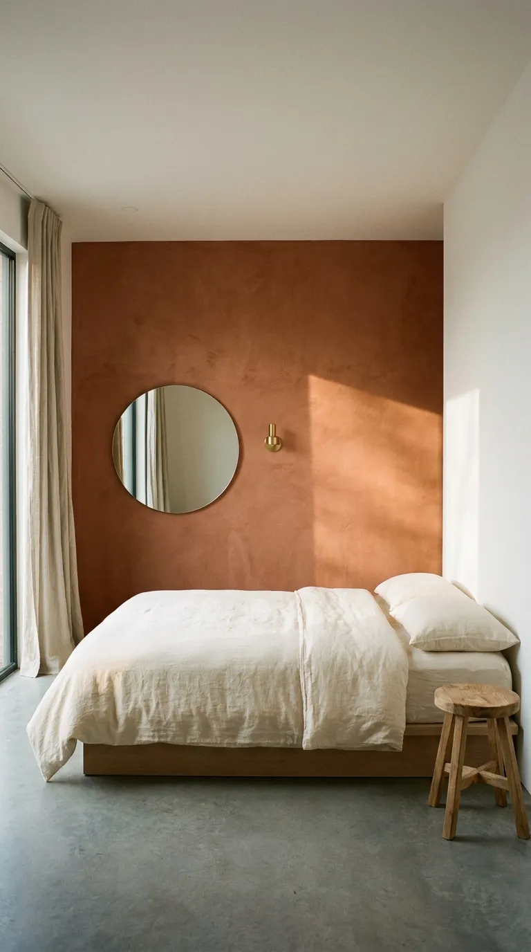 Wide-angle interior photograph of a minimalist bedroom featuring one wall finished in a matte terracotta clay plaster texture, contrasting with white walls on either side. A simple low platform bed sits against the clay wall with cream linen bedding. A single round mirror and a small wall sconce break up the negative space. Warm afternoon light rakes across the textured wall to emphasize its handmade plaster finish. Realistic architectural digest-style photography, no people, no text overlays.