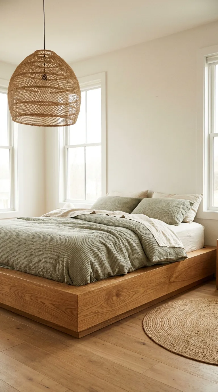 Editorial photograph of a low-profile platform bed crafted from warm oak wood with visible grain, sitting close to the floor without a headboard, positioned in a sunlit minimalist bedroom. Bedding in muted sage and cream tones is loosely made, giving a lived-in but tidy look. A woven pendant light hangs above at an angle, and the wood floor is bare except for one small woven rug beside the bed. Shot with soft natural lighting, warm color temperature, realistic high-end interior photography, no people, no text.