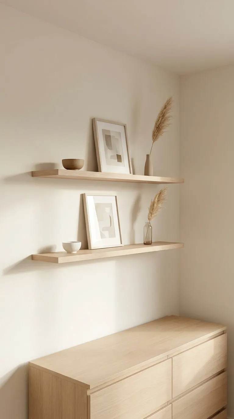 Editorial photograph of two thin floating wood shelves mounted above a low dresser in a minimalist bedroom, each shelf holding only two or three objects — a small ceramic bowl, one framed abstract print leaning against the wall, and a single dried pampas stem in a slim vase. Negative space is intentional and generous. Wall painted in warm off-white, soft afternoon light casting subtle shadows beneath the shelves. Realistic architectural photography style, no clutter, no people, no text.