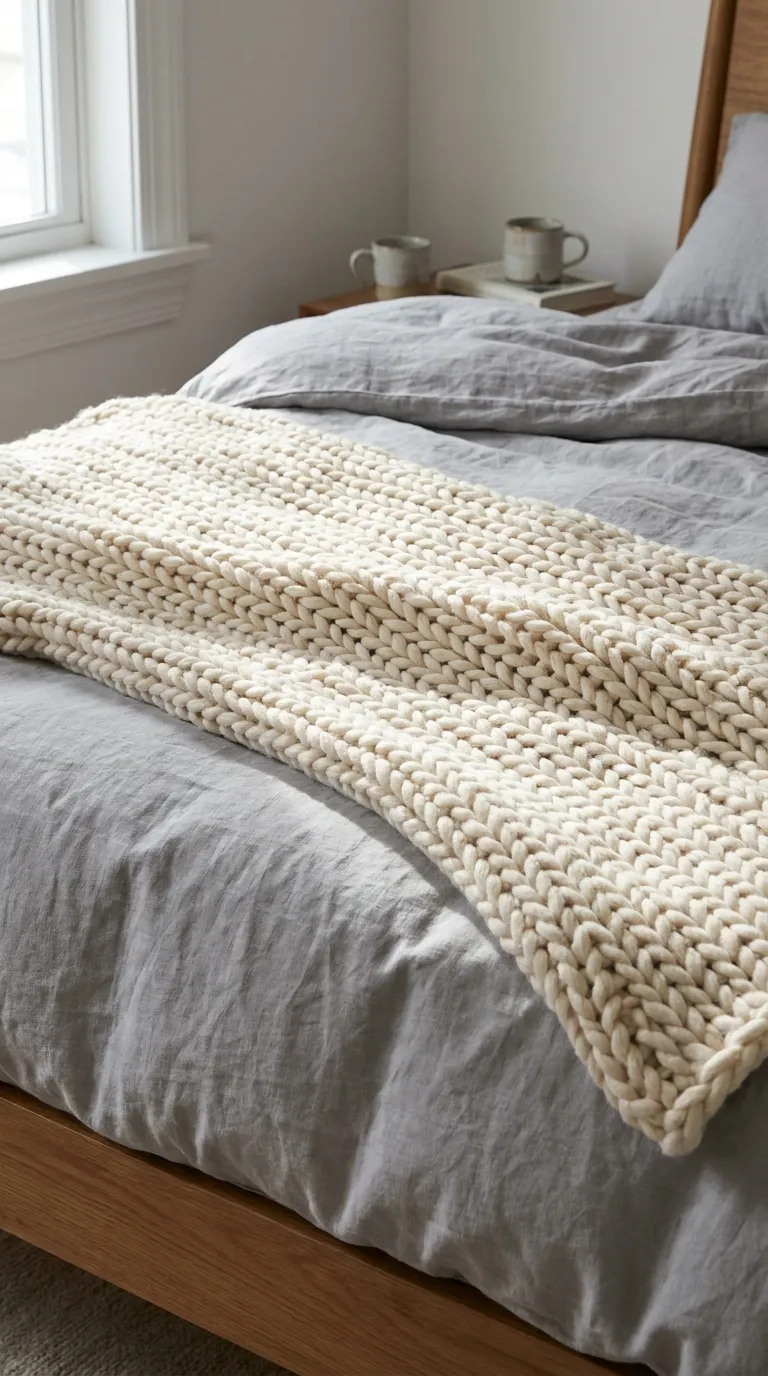 Close-up editorial photograph of a bed corner styled with a thick, oversized chunky knit throw blanket in warm cream, draped diagonally across smooth linen sheets in a soft dove-gray tone. The knit's raised texture contrasts against the flat weave of the sheets below. Natural window light rakes across the fabric to highlight the knit's dimensional stitching. Shallow depth of field, realistic textile-focused photography, no people, no text.
