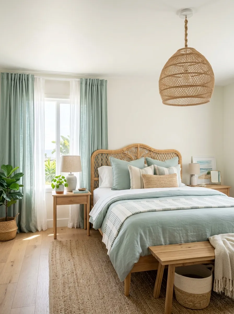 Image prompt: A real-life bedroom with soft seafoam green curtains framing a window, woven rattan pendant light hanging above a neatly made bed, beautifully arranged linen bedding, organized and clean coastal styling, bright natural light through sheer fabric, vibrant seafoam tones, photographic stock photo, Pinterest-ready interior.