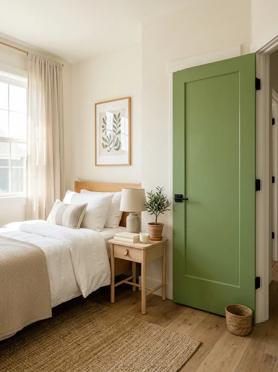 Image prompt: A real-life bedroom interior with a matcha green painted door, matte black door handle, neutral walls and neatly made bed visible nearby, beautifully arranged minimal decor, organized and clean modern styling, bright natural light, vibrant earthy matcha tone, photographic stock photo style, Pinterest-ready.