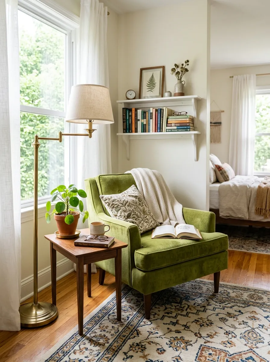 Image prompt: A real-life bedroom reading corner with an avocado green retro armchair, small wood side table, brass floor lamp, neatly arranged books and a small plant, beautifully organized and clean styling, bright natural light, vibrant warm avocado green tone, photographic stock photo style, Pinterest-ready interior.