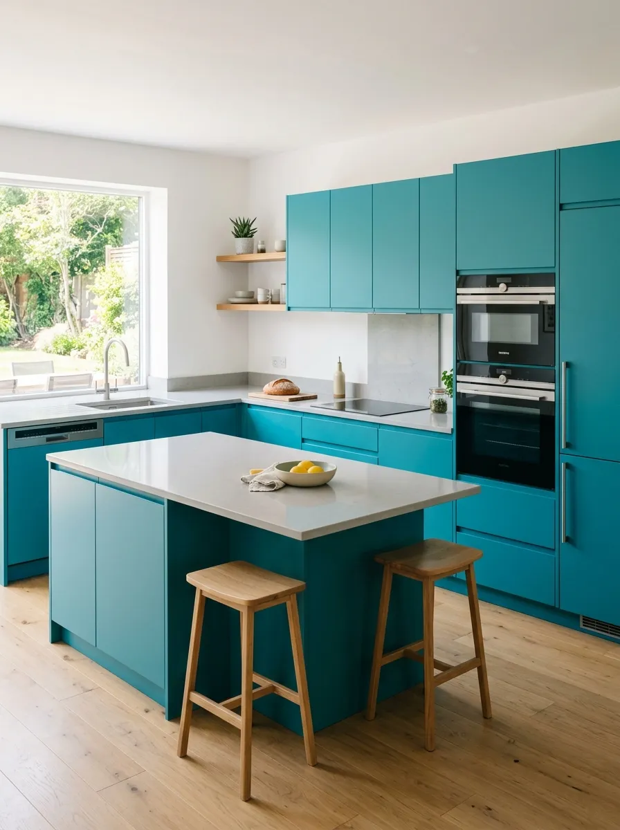 Real-life photo of a modern kitchen with handle-free teal cabinets, integrated appliances, neatly made stone countertop with minimal styling, organized and clean lines throughout, bright natural light, vibrant teal finish, stock photography style, no people.