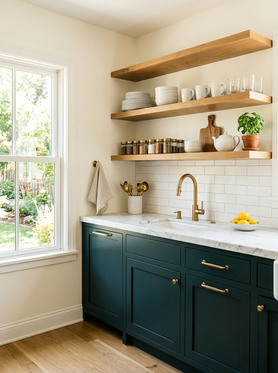 Real-life photo of a kitchen with dark teal cabinets and brass hardware, white marble countertop, neatly made open shelving with white dishes beautifully arranged, organized and clean surfaces, bright natural light from a nearby window, vibrant warm tones, stock photography style, no people.