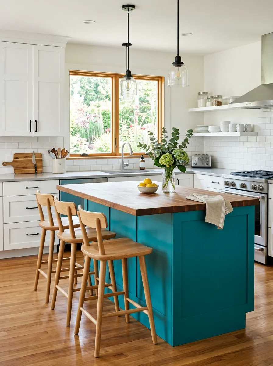 Real-life photo of a kitchen with white perimeter cabinets and a bold teal island topped with butcher block, wooden bar stools neatly arranged, organized and clean countertop styling, bright natural light, vibrant teal color, stock photography style, no people.
