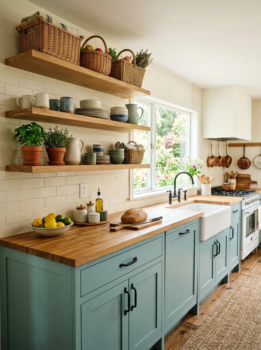 Real-life photo of a farmhouse kitchen with soft teal shaker cabinets, black iron hardware, open wood shelves with beautifully arranged woven baskets and ceramics, neatly made butcher block countertop, organized and clean, bright natural light, vibrant colors, stock photography style, no people.