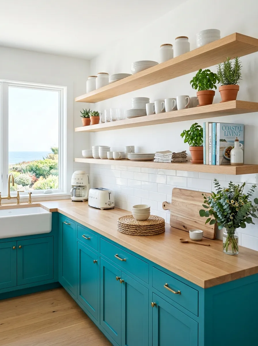 Real-life photo of a coastal-style kitchen with teal cabinets and open wood shelving styled with white ceramics and small plants, neatly made countertop, beautifully arranged woven placemats, organized and clean, bright natural light, vibrant teal tones, stock photography style, no people.