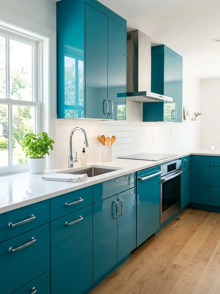 Real-life photo of a modern kitchen with glossy teal cabinets and chrome hardware, neatly made white quartz countertop, minimal and organized styling, clean lines throughout, bright natural light reflecting off surfaces, vibrant glossy teal finish, stock photography style, no people.