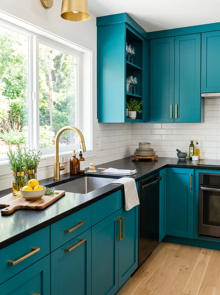 Real-life photo of a kitchen with teal cabinets and black countertops, gold faucet and hardware, neatly made surfaces with a few styled items, organized and clean, bright natural light against high contrast colors, vibrant teal tones, stock photography style, no people.