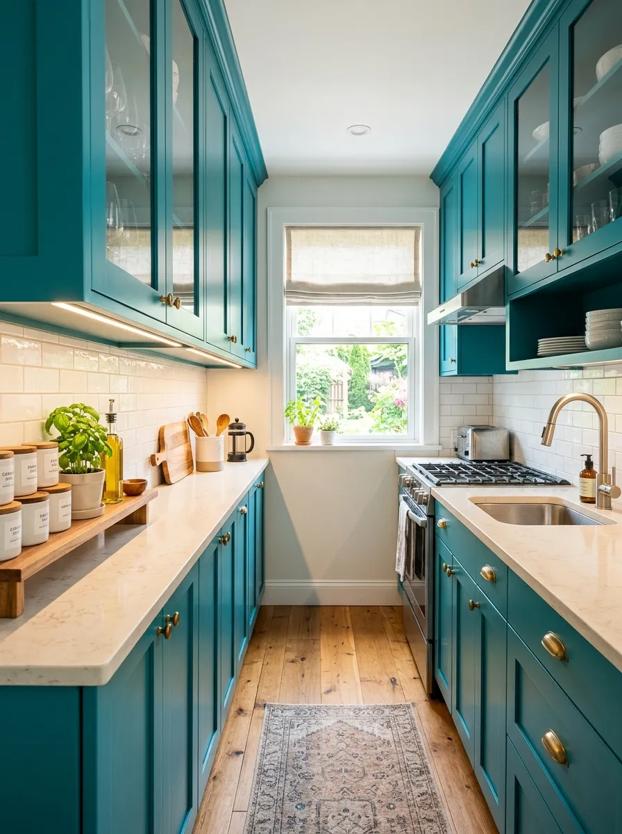 Real-life photo of a small galley kitchen with teal cabinets on both sides, light countertop and backsplash, neatly made under-cabinet lighting, beautifully arranged small shelf styling, organized and clean, bright natural light, vibrant teal color, stock photography style, no people.