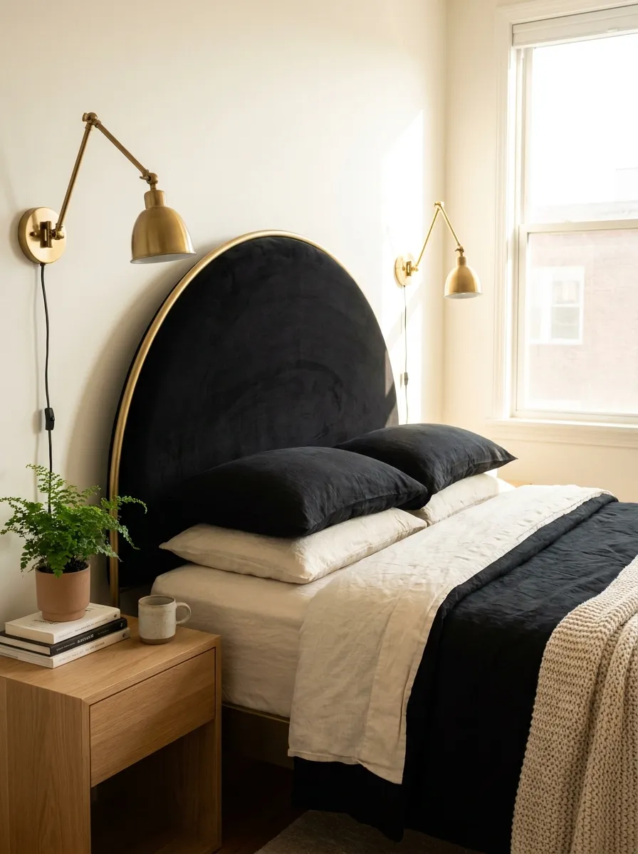Real-life photo of a cozy bedroom corner featuring a curved black velvet headboard with a slim brass frame, neatly made bed with black and cream linens, beautifully arranged brass wall sconces on either side, organized nightstand with a small plant, clean minimalist styling, bright natural light streaming through a nearby window, shot on a DSLR camera, warm and inviting atmosphere, no people.