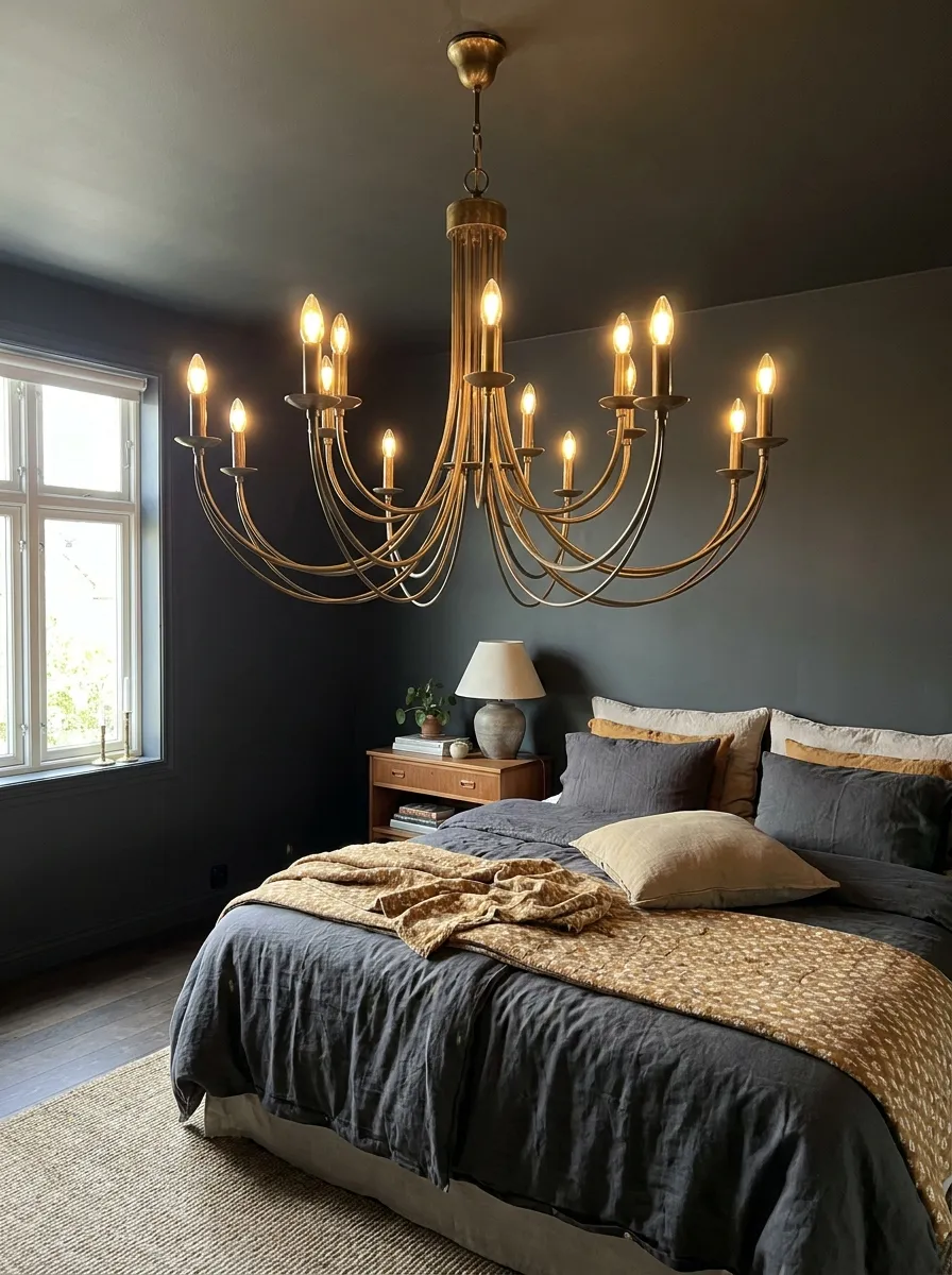 Real-life photo of a brass pendant chandelier with sweeping curved arms hanging above a neatly made bed in a black bedroom, beautifully arranged bedding below, organized and clean room styling, bright natural light mixing with warm chandelier glow, vibrant brass tones standing out, realistic home photography, no people.