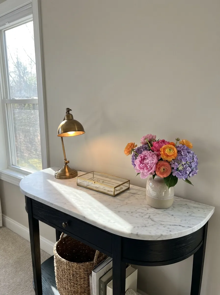 Real-life photo of a curved black wooden console table with a white marble top against a bedroom wall, neatly arranged with a small brass lamp and a jewelry tray, organized and clean styling, bright natural light highlighting the marble veining, vibrant fresh flowers in a vase on top, realistic interior photography, no people.