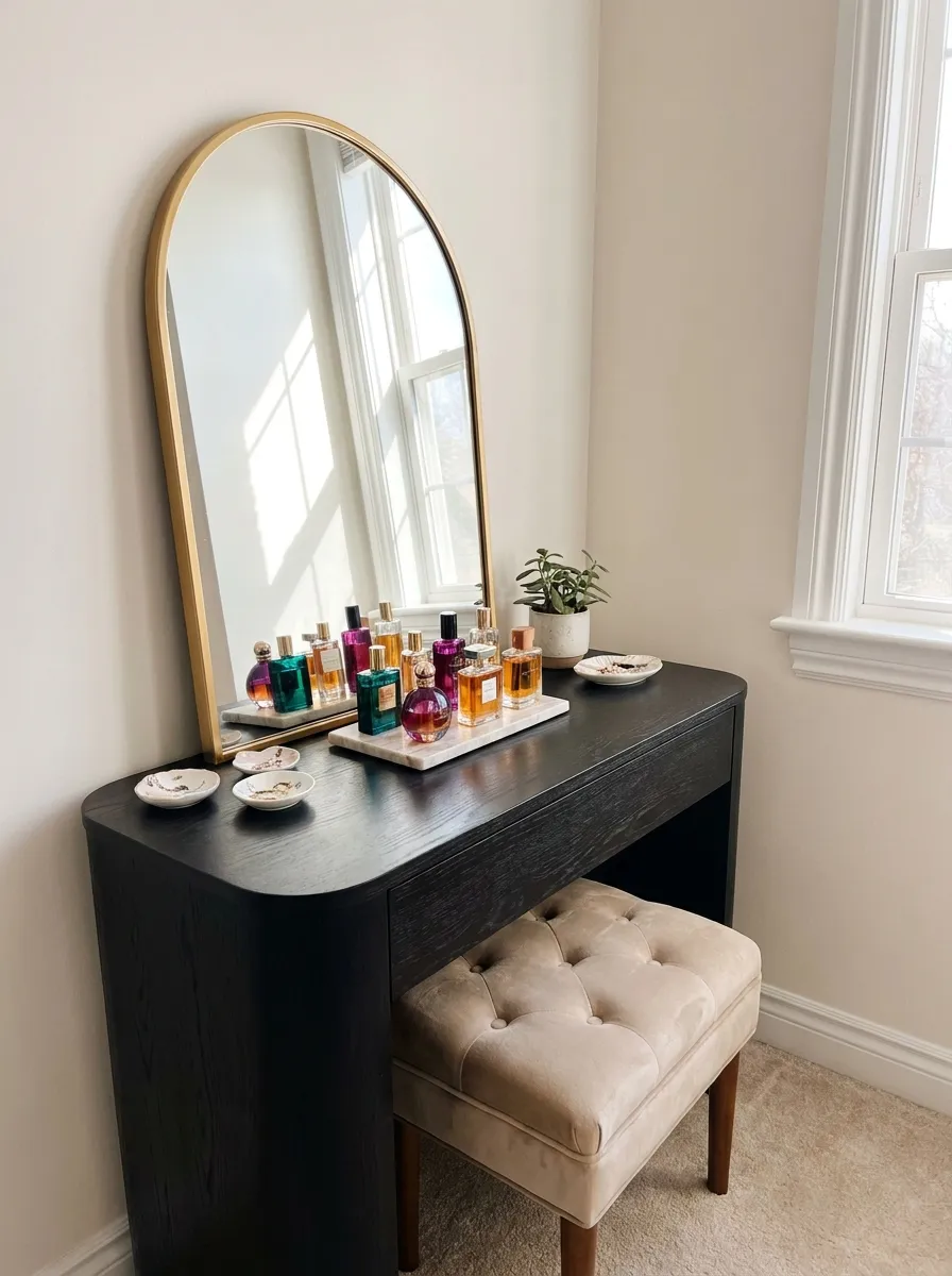 Real-life photo of a black wood vanity corner with a curved gold-framed mirror and a small tufted stool, neatly arranged perfume bottles on an organized tray, clean and beautifully styled surface, bright natural light reflecting off the mirror, vibrant color accents from the perfume bottles, realistic bedroom photography, no people.