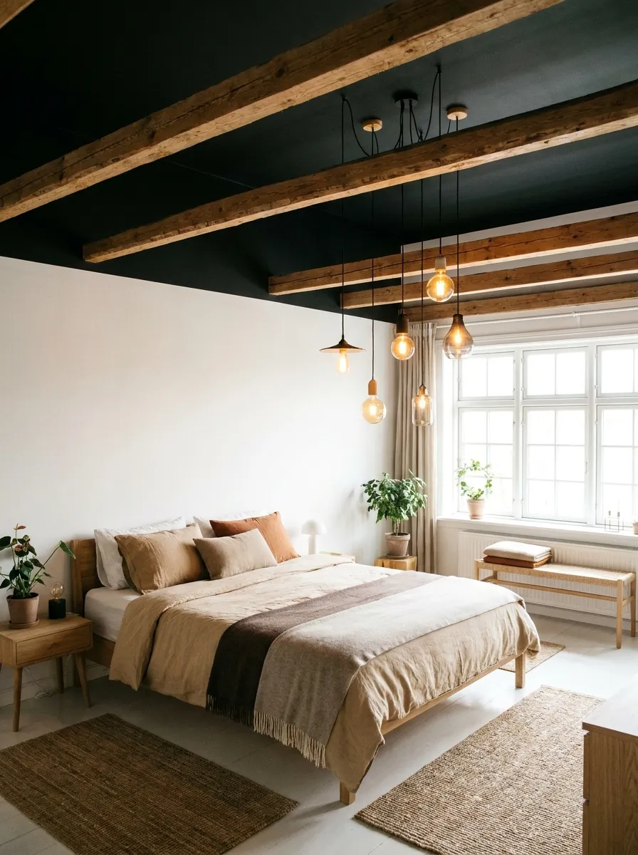 Real-life photo of a bedroom with a matte black ceiling and natural exposed wood beams, neatly made bed below with warm bedding, beautifully arranged pendant lights hanging from the beams, organized and clean room styling, bright natural light pouring in from a large window, realistic interior photography, no people.