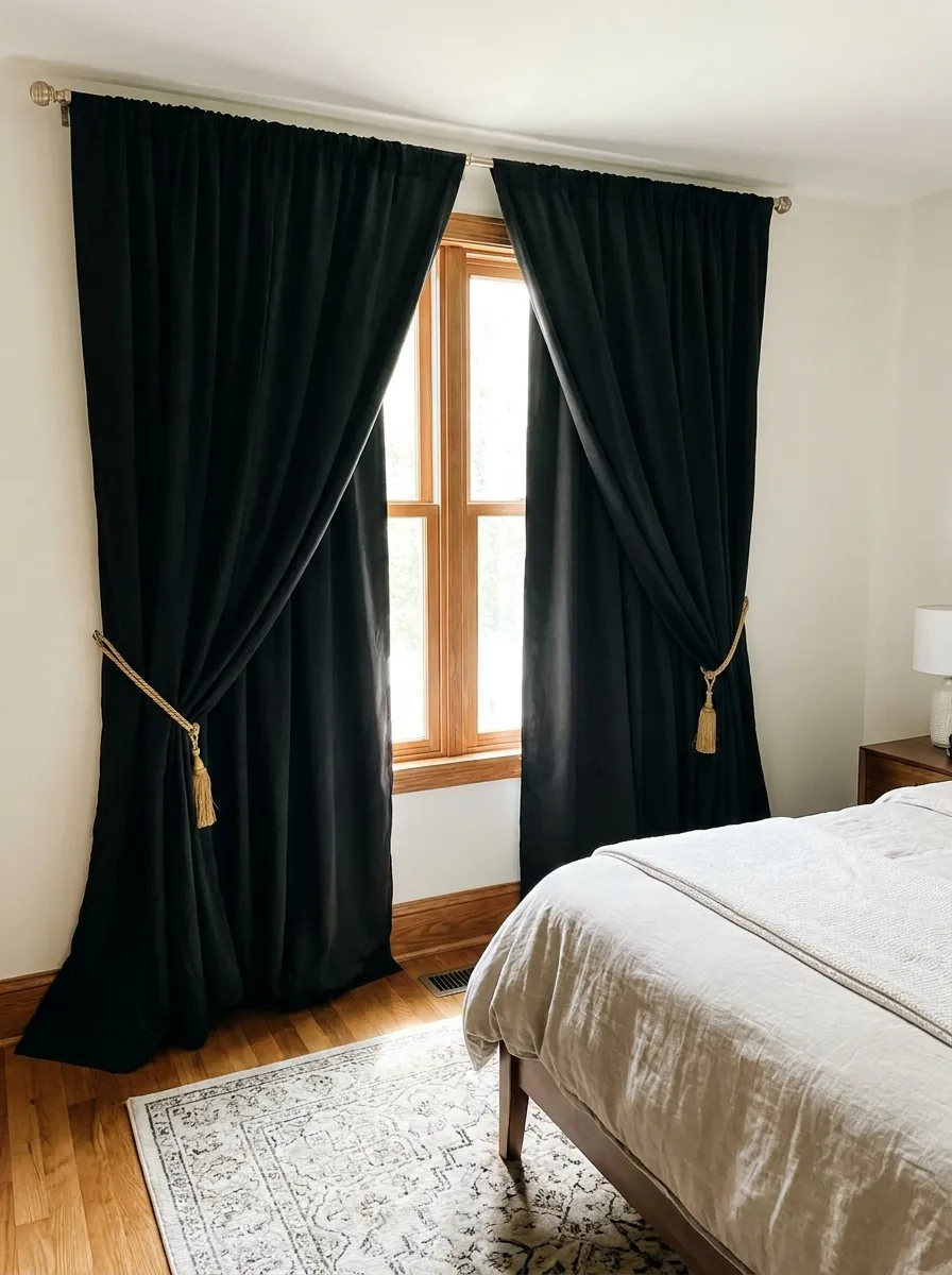 Real-life photo of floor-length black blackout curtains with gold tasseled tiebacks framing a bedroom window, neatly arranged folds, beautifully styled with soft daylight peeking through the edges, organized and clean room setup, bright natural light spilling onto the floor, realistic interior photography, no people.
