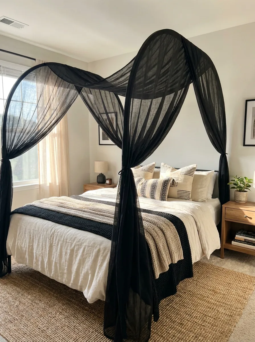 Real-life photo of a bed with a sheer black curtain canopy draped from a curved brass frame, neatly made bed with black and cream bedding, beautifully arranged throw pillows, organized and clean bedroom styling, soft bright natural light filtering through the sheer fabric, realistic home photography, warm inviting mood, no people.