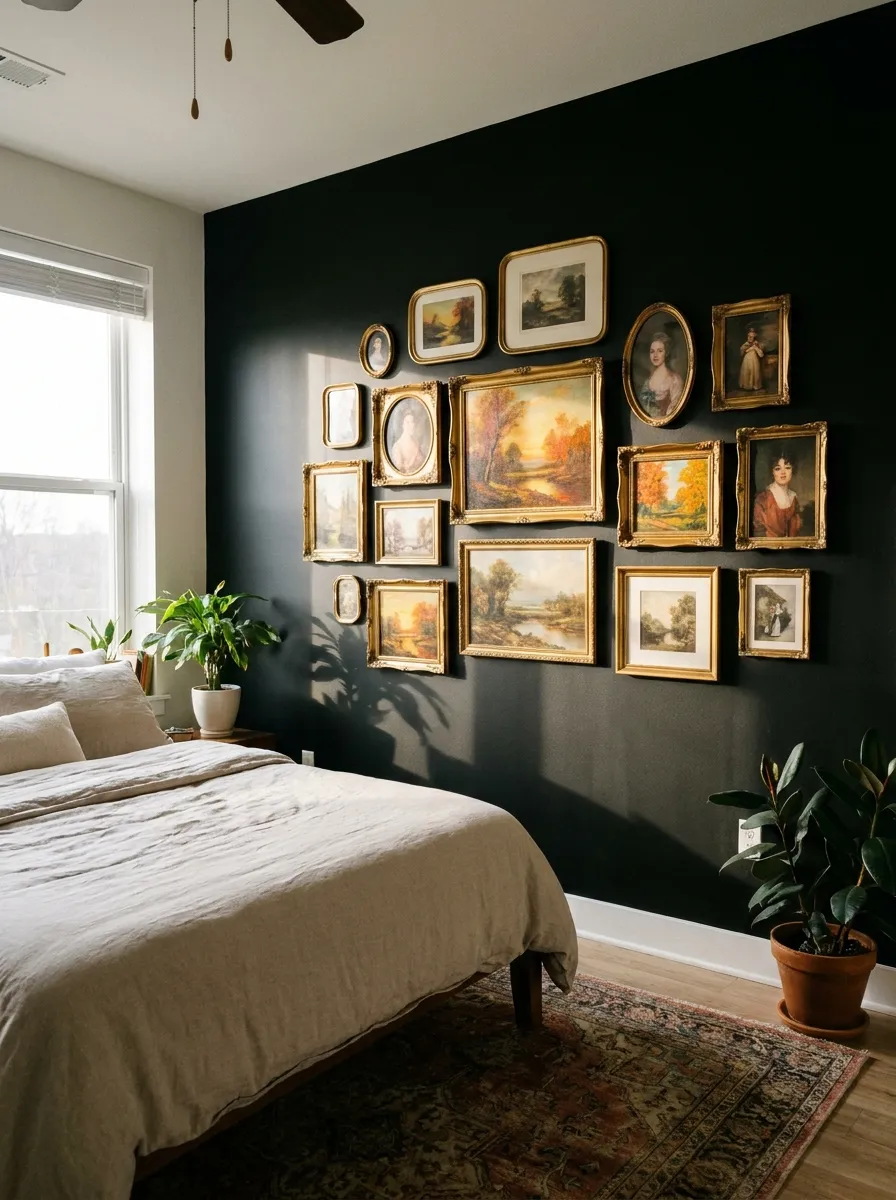 Real-life photo of a black bedroom wall featuring a gallery of ornate curved brass and gold picture frames, neatly arranged in an organized cluster, clean and beautifully styled composition, bright natural light casting soft shadows across the frames, vibrant warm tones from the artwork inside, realistic home photography, no people.