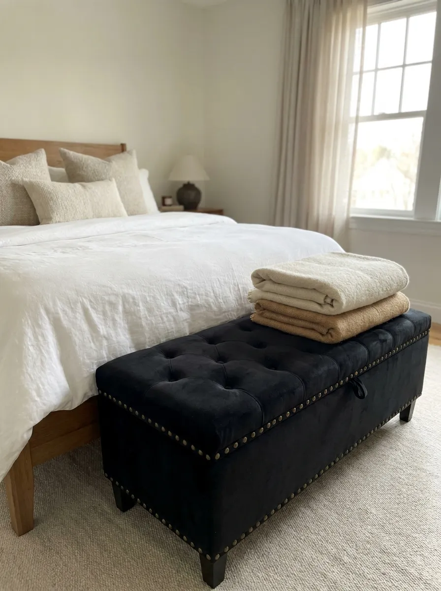 Real-life photo of a black velvet tufted storage bench with brass nailhead trim at the foot of a neatly made bed, beautifully arranged folded blankets on top, organized and clean bedroom styling, bright natural light from a window, realistic interior photography, warm and elegant atmosphere, no people.