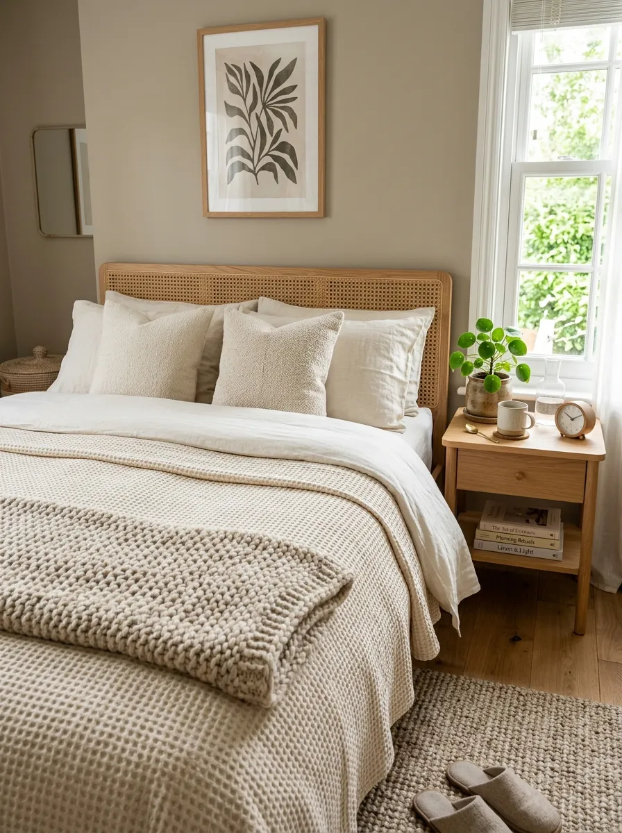 Prompt: A realistic photograph of a neatly made bed in a cozy neutral bedroom, layered with crisp ivory linen sheets, a waffle-knit blanket, and a chunky oatmeal knit throw folded at the foot. Beautifully arranged, organized nightstand nearby with a small plant. Bright natural light streaming through a window, warm and inviting atmosphere, clean and tidy styling, shot in a real home setting, high resolution stock photography style, vibrant natural color tones.