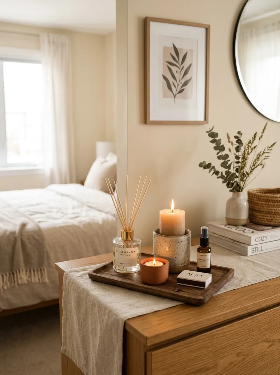 Prompt: A realistic photograph of a neatly styled scent corner on a bedroom dresser, featuring ceramic candle holders, a reed diffuser, and a small wooden tray, in a cozy neutral bedroom. Beautifully arranged, organized, and clean composition, bright natural light highlighting the textures, vibrant warm color tones, real home interior photography, no illustration or 3D render.