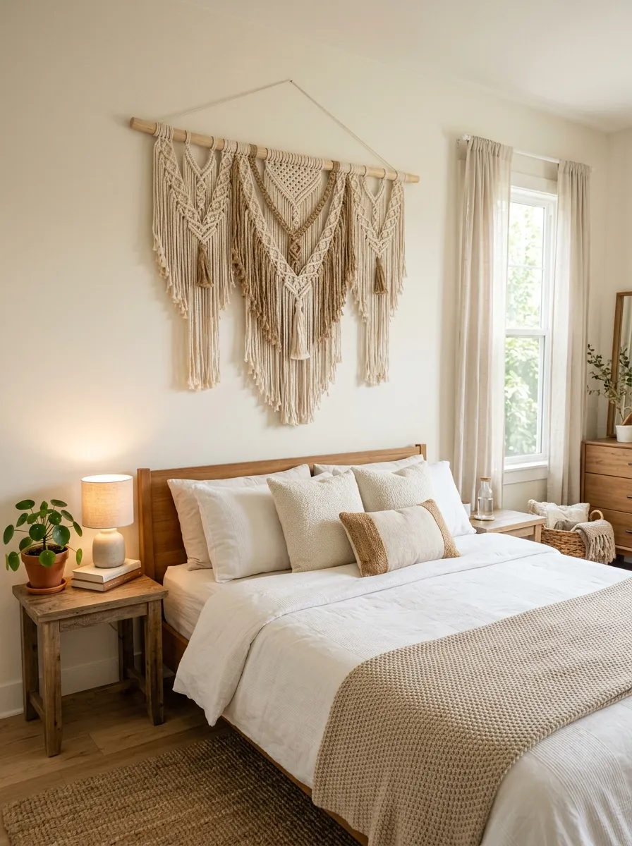Prompt: A realistic photograph of a large woven macrame wall hanging in ivory and jute tones mounted above a neatly made bed in a cozy neutral bedroom. Beautifully arranged bedding below, organized and clean room styling, bright natural light illuminating the fiber textures, vibrant warm undertones, real home photography style, no illustration or 3D render.