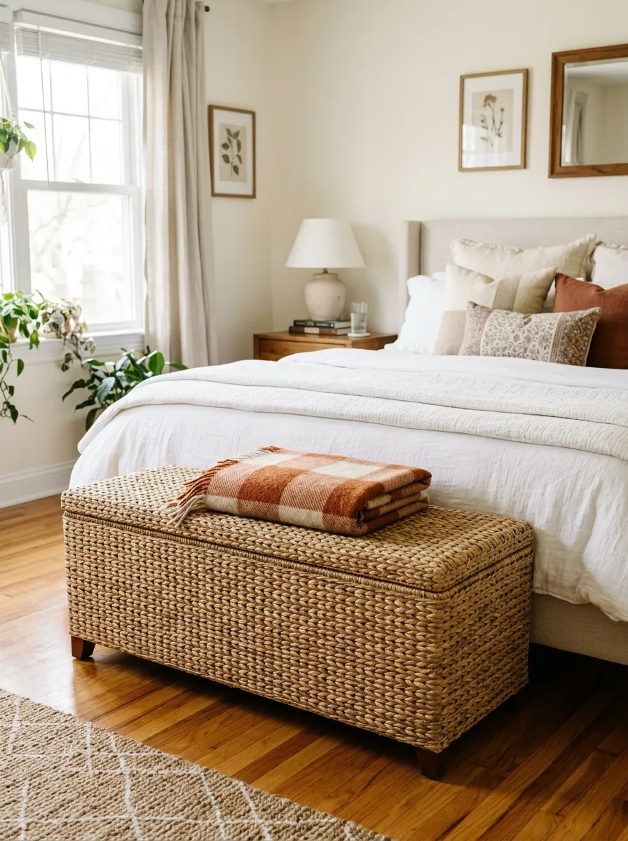 Prompt: A realistic photograph of a woven seagrass storage bench with a lid at the foot of a neatly made bed in a cozy neutral bedroom, a folded throw blanket resting on top. Beautifully arranged, organized, and clean composition, bright natural light casting soft shadows on the woven texture, vibrant warm tones, real home interior photography, no illustration or 3D render.