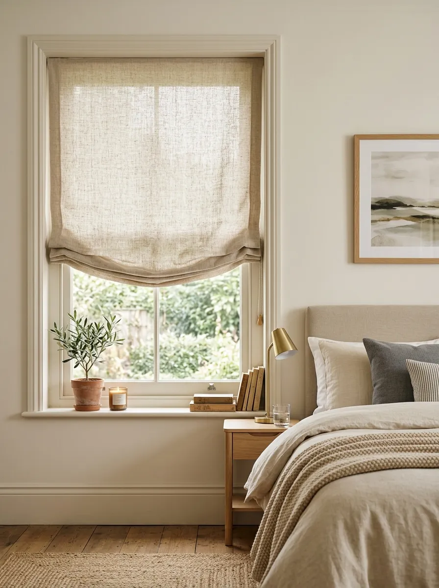 Prompt: A realistic photograph of a relaxed Roman shade in natural oatmeal linen covering a bedroom window, softly folded, in a cozy neutral bedroom. Beautifully arranged room styling in the background, organized and clean composition, bright natural light filtering gently through the linen fabric, vibrant warm tones, real home interior photography, no illustration or render.