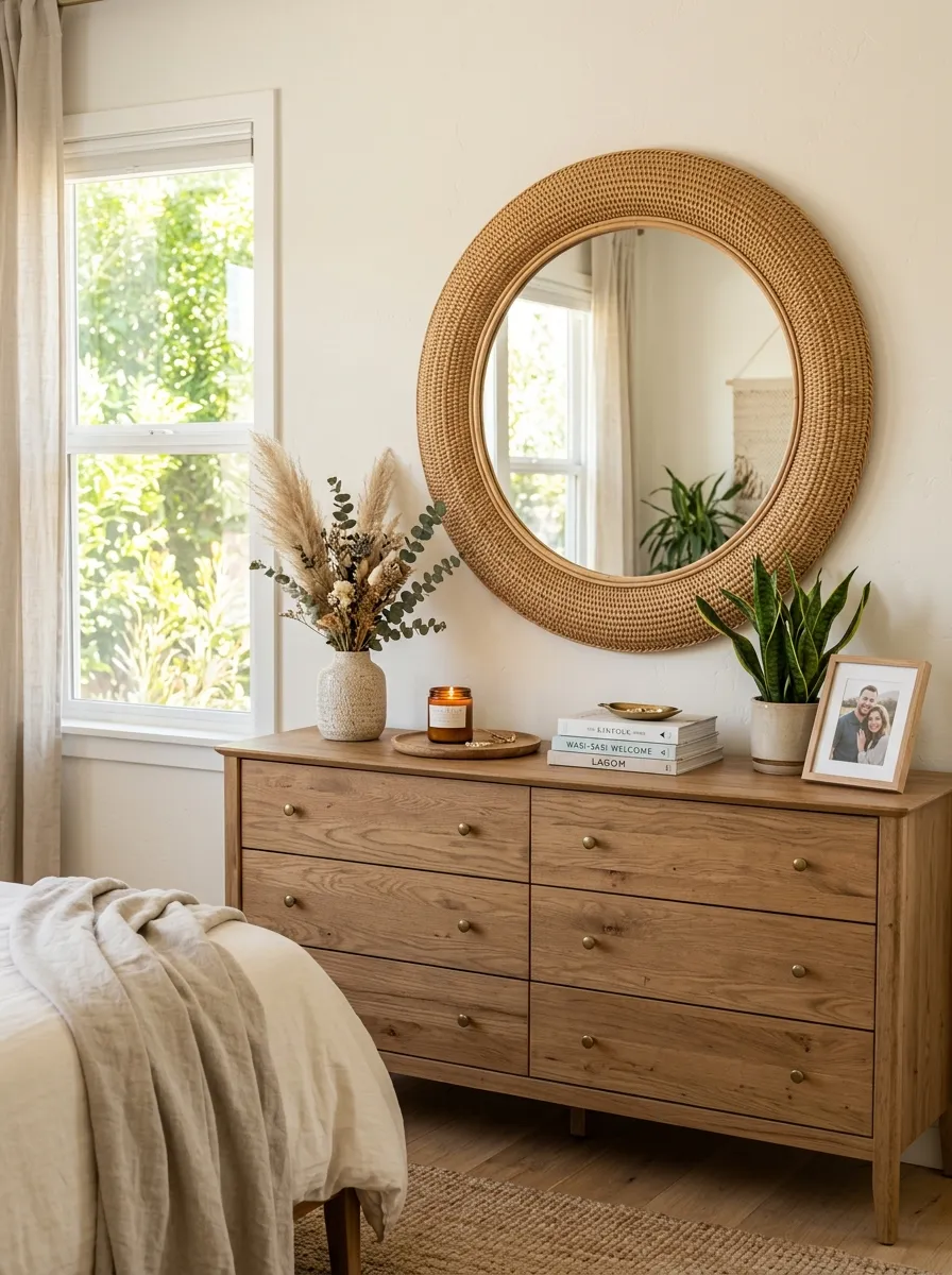 Prompt: A realistic photograph of a round mirror with a woven rattan frame hung above a dresser in a cozy neutral bedroom, reflecting soft daylight. Beautifully arranged dresser styling below, organized and clean composition, bright natural light entering from a nearby window, vibrant warm tones, real home interior photography, not illustrated or rendered.