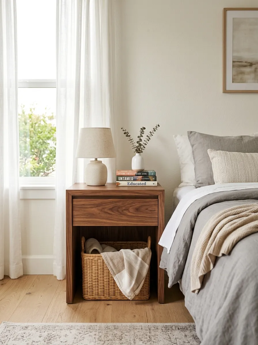Prompt: A realistic photograph of a warm walnut wood nightstand in a neutral bedroom, neatly styled with a small ceramic lamp, a stack of books, and a woven rattan basket tucked underneath. Beautifully arranged, organized, and clean, bright natural light coming through a nearby window, soft shadows, cozy real home atmosphere, vibrant warm tones, stock photography style, no illustration.