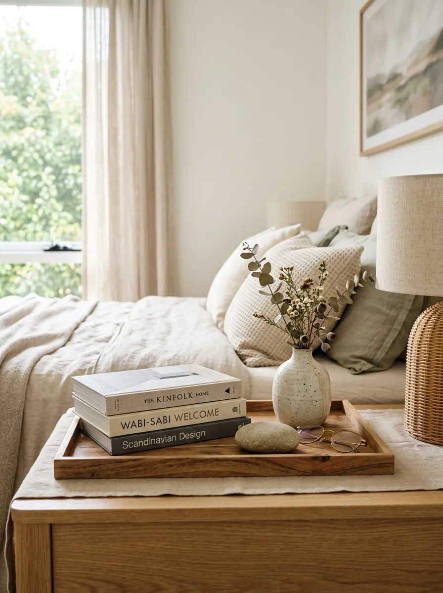 Prompt: A realistic photograph of a small styled vignette on a nightstand tray in a cozy neutral bedroom, featuring stacked coffee table books, a tiny ceramic vase, and a small stone. Beautifully arranged, organized, and clean composition, bright natural light casting soft shadows across the tray, vibrant warm tones, real home photography style, no illustration or 3D render.