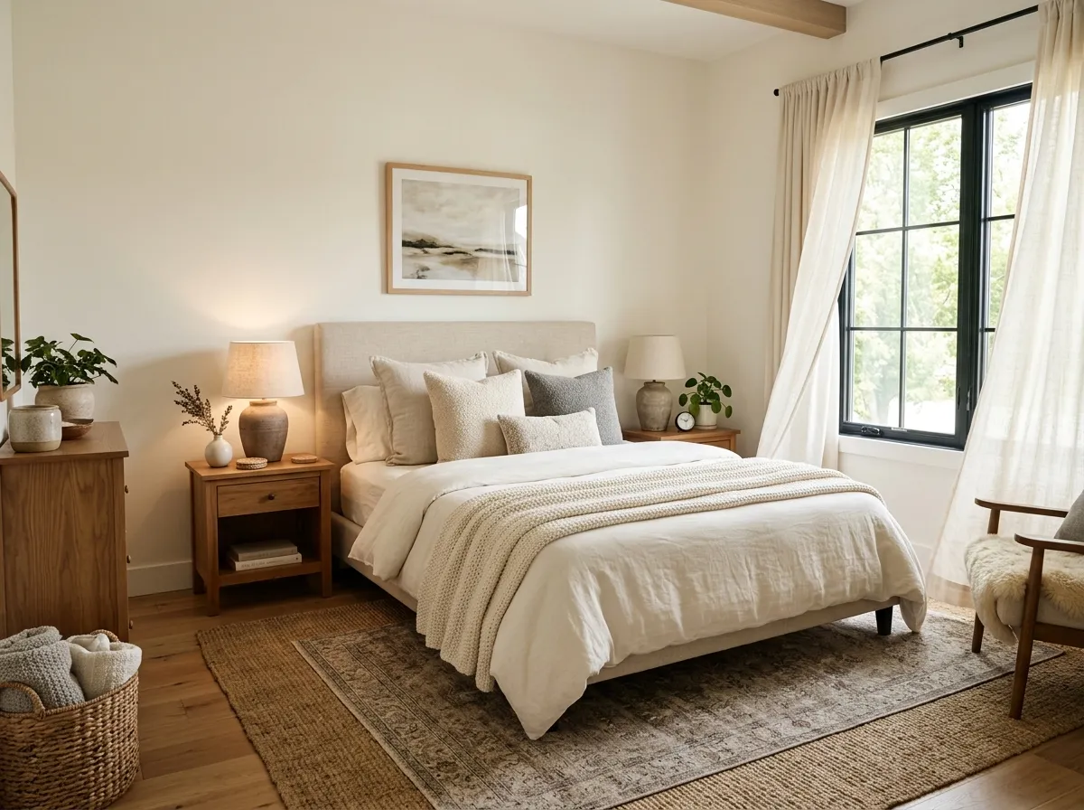 A realistic photograph of a complete cozy neutral bedroom, wide angle view showing a neatly made bed layered with ivory linen sheets, a chunky knit throw, and mixed bouclé pillows, an upholstered linen headboard, a warm wood nightstand with a ceramic lamp, a woven jute and wool layered rug on the floor, and flowing linen curtains softly billowing beside the window. Beautifully arranged, organized, and clean styling throughout the room, bright natural light streaming in from the window creating soft warm shadows, vibrant natural color tones with warm undertones, shot in a real home setting, high resolution stock photography style, no illustration, no 3D render, no text overlay.