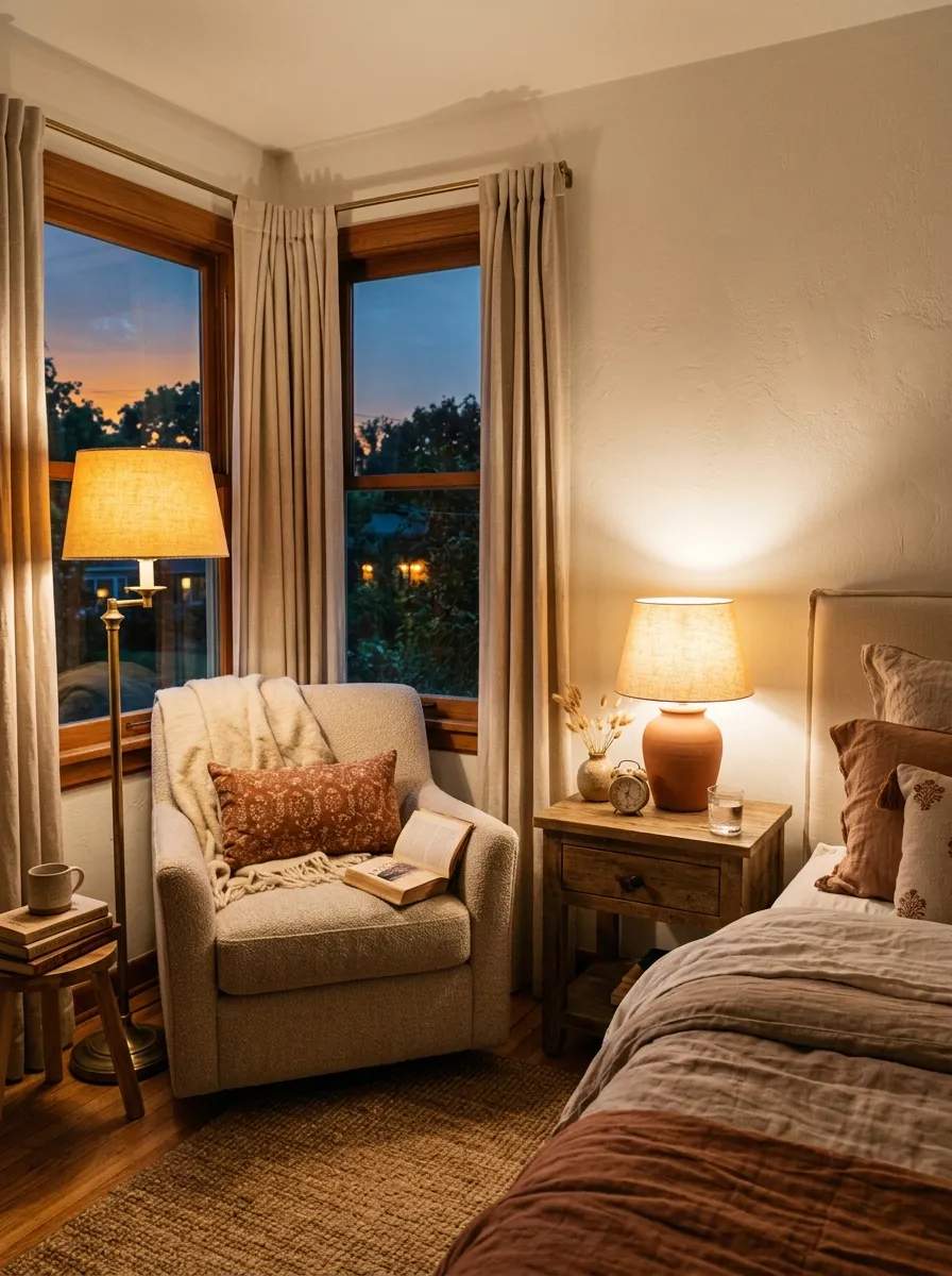 Prompt: A realistic photograph of a cozy neutral bedroom corner at dusk, featuring a warm-toned table lamp on a nightstand and a floor lamp beside a reading chair, both neatly arranged. Soft golden light glowing through the room, bright natural light also entering from a window earlier in the frame, clean and organized styling, beautifully arranged textiles, vibrant warm color palette, real home photography style, not a studio render.