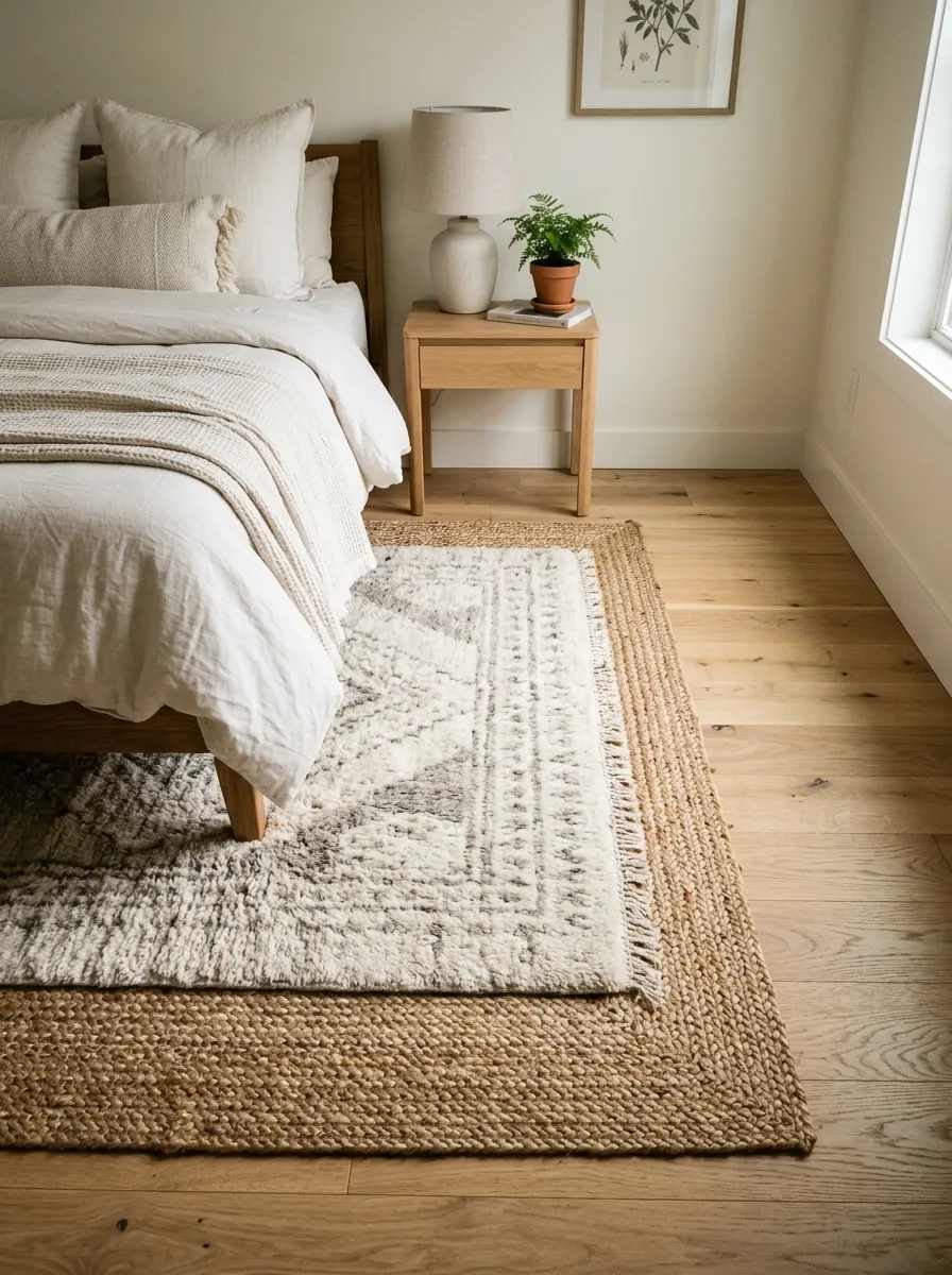 Prompt: A realistic photograph looking down at a neatly layered jute rug with a smaller soft wool rug on top, placed beside a neatly made bed in a cozy neutral bedroom. Beautifully arranged, clean and organized flooring textures, bright natural light casting soft shadows across the rug, vibrant natural fiber tones, real home interior photography, no 3D render.