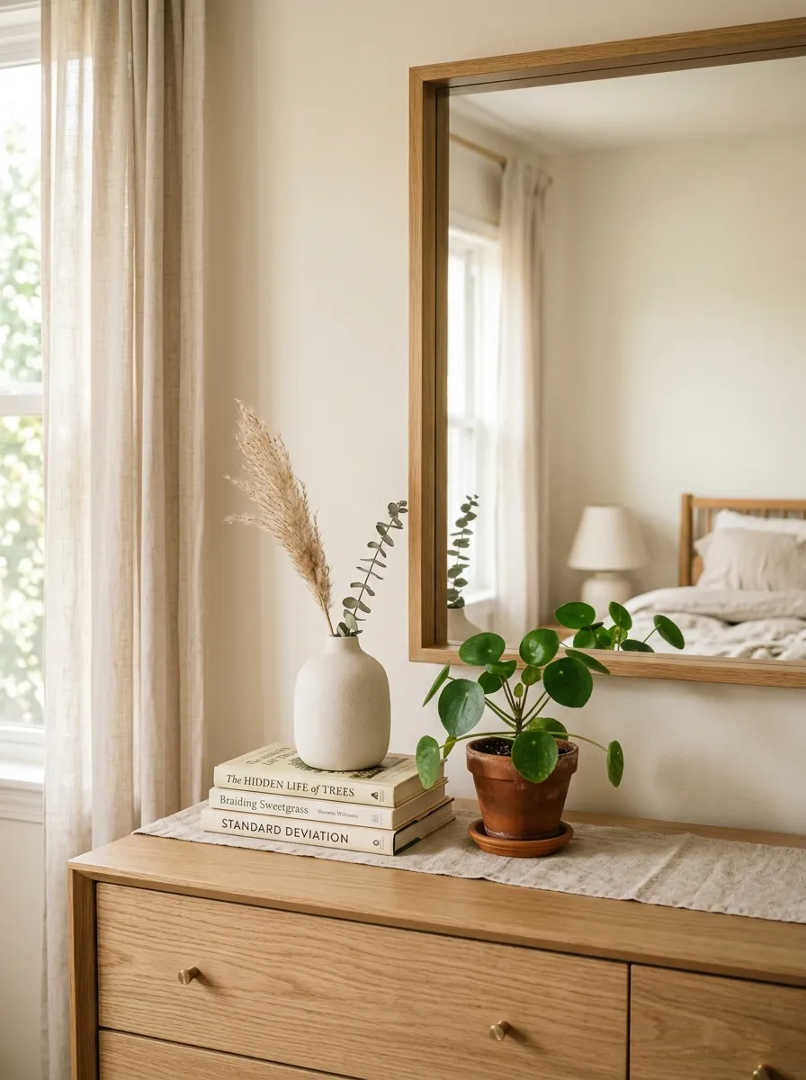 Prompt: A realistic photograph of a neatly styled dresser top in a neutral bedroom, featuring a small stack of hardcover books, a ceramic vase with a single dried stem, and one small potted plant. Beautifully arranged, organized, and clean composition, bright natural light from a nearby window highlighting soft neutral tones, vibrant and warm color grading, real home photography style, not illustrated.