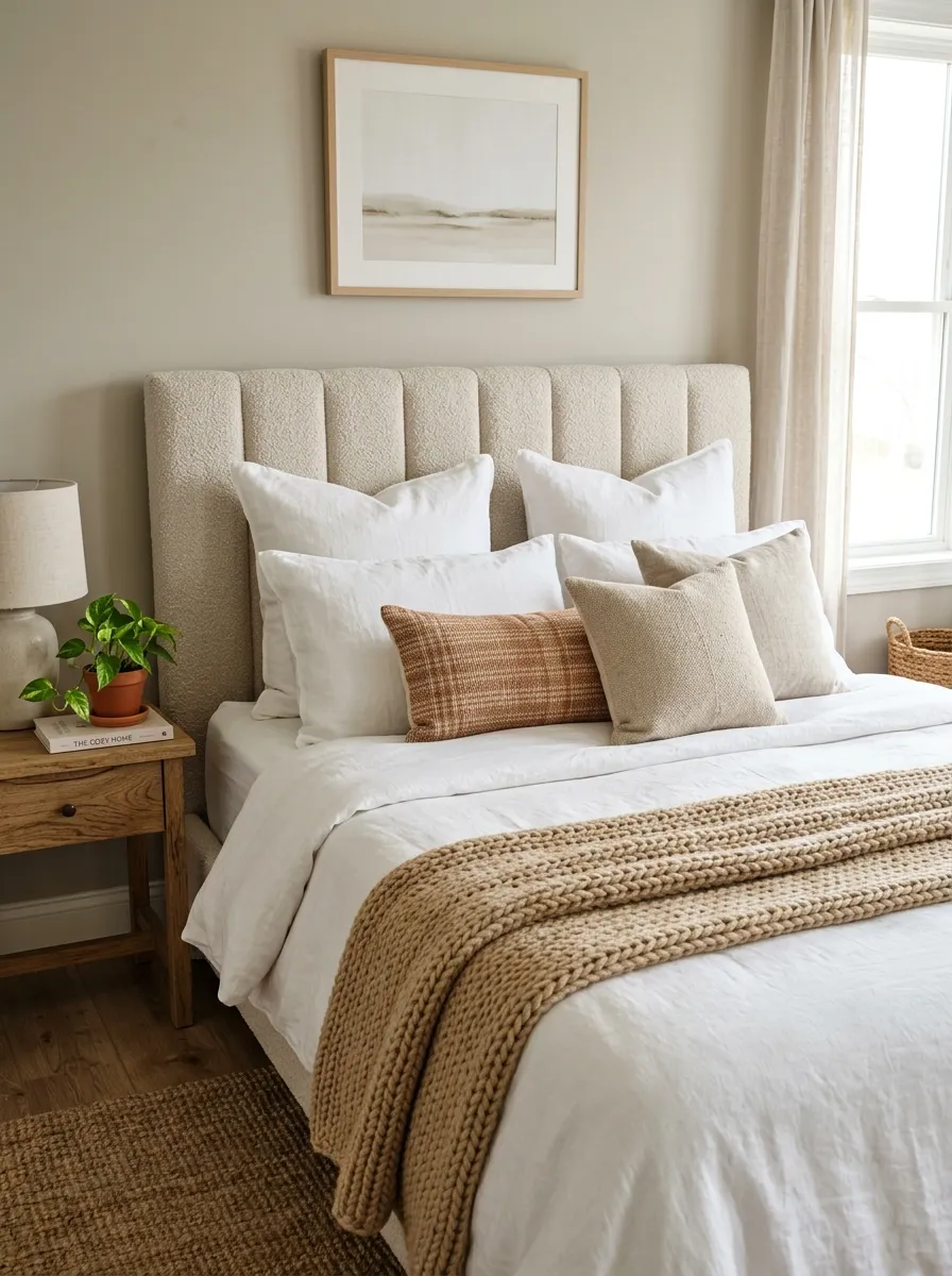 Prompt: A realistic photograph of a neatly made bed with a soft upholstered linen headboard in oatmeal boucle fabric with channel stitching, in a cozy neutral bedroom. Beautifully arranged pillows and folded throw blanket, organized and clean styling, bright natural light streaming across the fabric texture, vibrant warm tones, real home interior photography, no studio render or illustration.