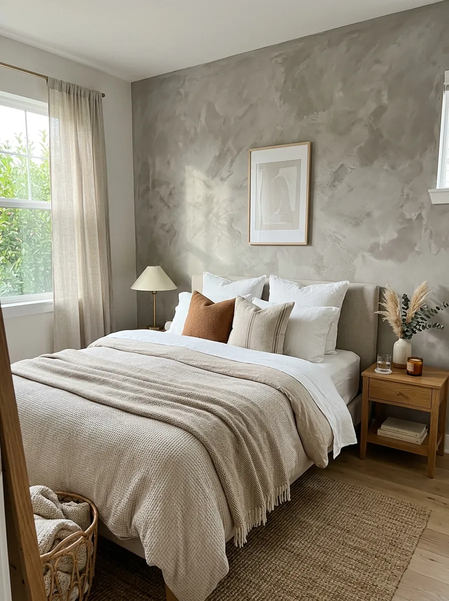 Prompt: A realistic photograph of a textured limewash accent wall in cloudy warm gray behind a neatly made bed in a cozy neutral bedroom. Beautifully arranged bedding and organized nightstand styling nearby, bright natural light casting soft shadows across the textured wall surface, vibrant warm undertones, real home interior photography, no illustration or render.