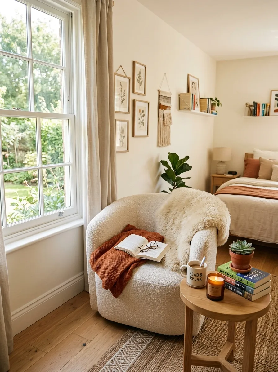 Prompt: A realistic photograph of a cozy reading nook in a neutral bedroom corner, featuring a low boucle armchair with a sheepskin throw draped over one arm and a small round wooden side table beside it. Beautifully arranged, organized, and clean styling, bright natural light pouring in from a nearby window, vibrant warm tones, real home photography style, not staged studio or 3D render.