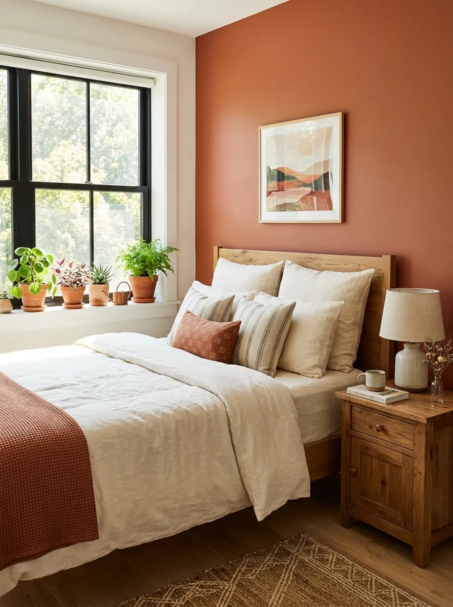 A real bedroom corner with a terracotta accent wall, neatly made bed with cream linen bedding, wooden nightstand, bright natural light streaming through a window, beautifully arranged terracotta pots on the windowsill, clean and organized, vibrant warm tones, photographed in stock photography style.