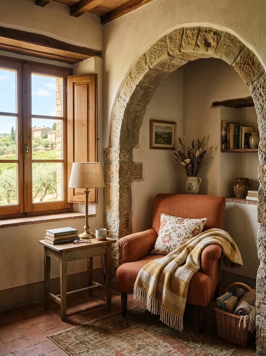 A cozy bedroom corner with an arched alcove, a small armchair with a soft throw and reading lamp, bright natural light coming through a nearby window, beautifully arranged and organized nook, clean rustic Tuscan style, vibrant warm tones, real-life stock photography style.