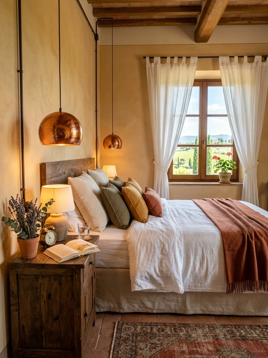 A bedroom with a copper pendant light hanging beside a neatly made bed, warm bright natural light mixing with the copper glow, beautifully arranged nightstand, clean and organized Tuscan style room, vibrant warm metallic tones, real-life stock photography style.