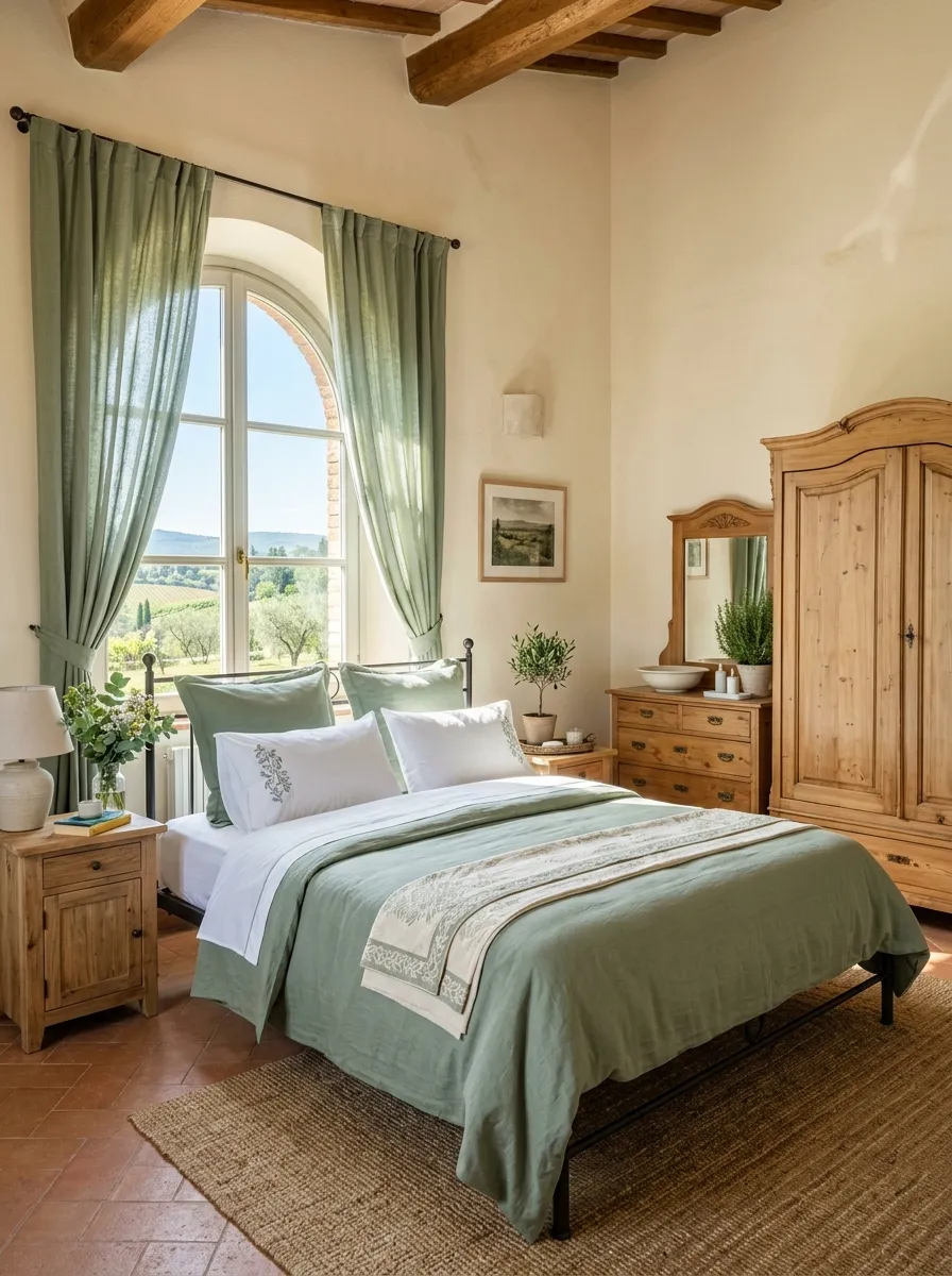 A bedroom with sage green bedding and curtains, neatly made bed, cream colored walls, bright natural light streaming in, beautifully arranged natural wood furniture, clean and organized Tuscan style space, vibrant fresh green tones, real-life stock photography style.