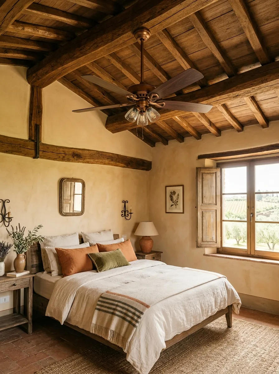 A bedroom ceiling with a wooden blade ceiling fan and bronze finish, exposed wooden beams nearby, neatly made bed below, bright natural light filling the room, beautifully arranged and organized rustic Tuscan style, clean space, vibrant warm tones, real-life stock photography.